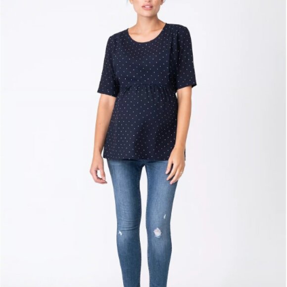 NWOT Seraphine Navy Blue Dot Maternity Nursing Top - size 4 - Picture 1 of 8